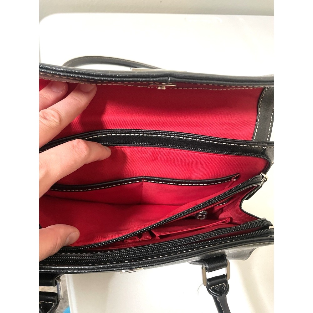 Liz Claiborne Double Top Handle Black Leather Handbag Purse Satchel Red‎ Zipper - Picture 10 of 15